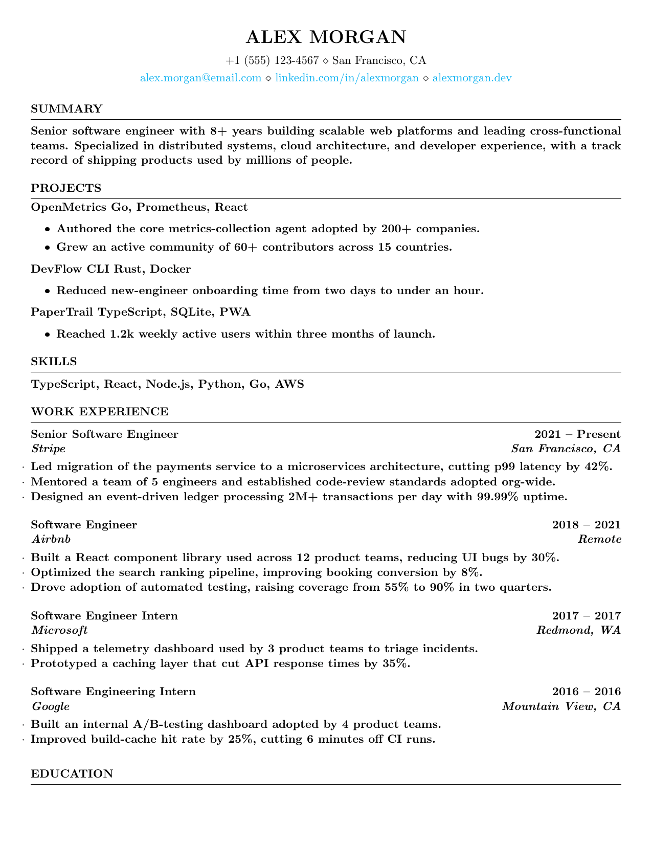 Software Developer Intern resume template