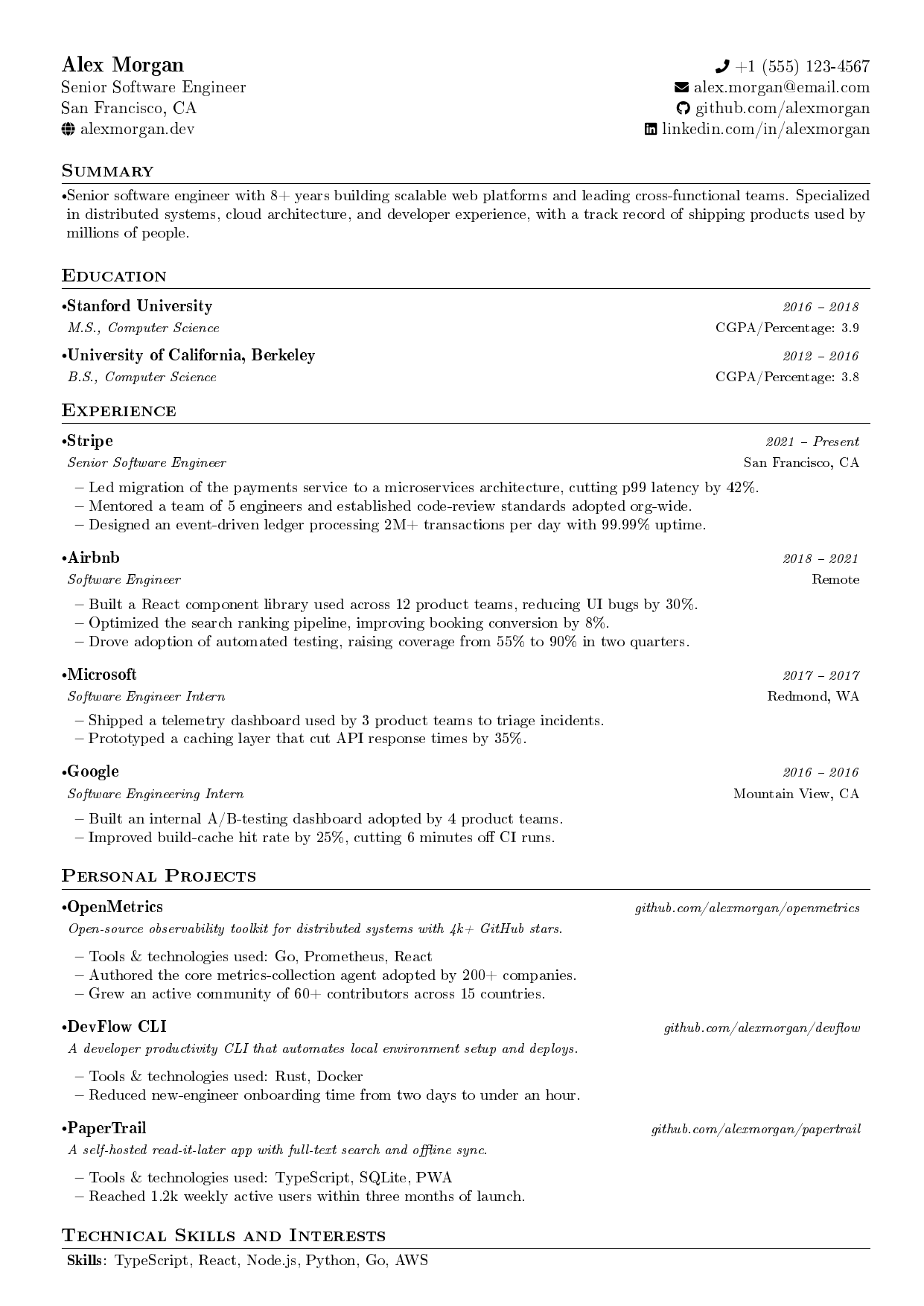 React Software Engineer resume template