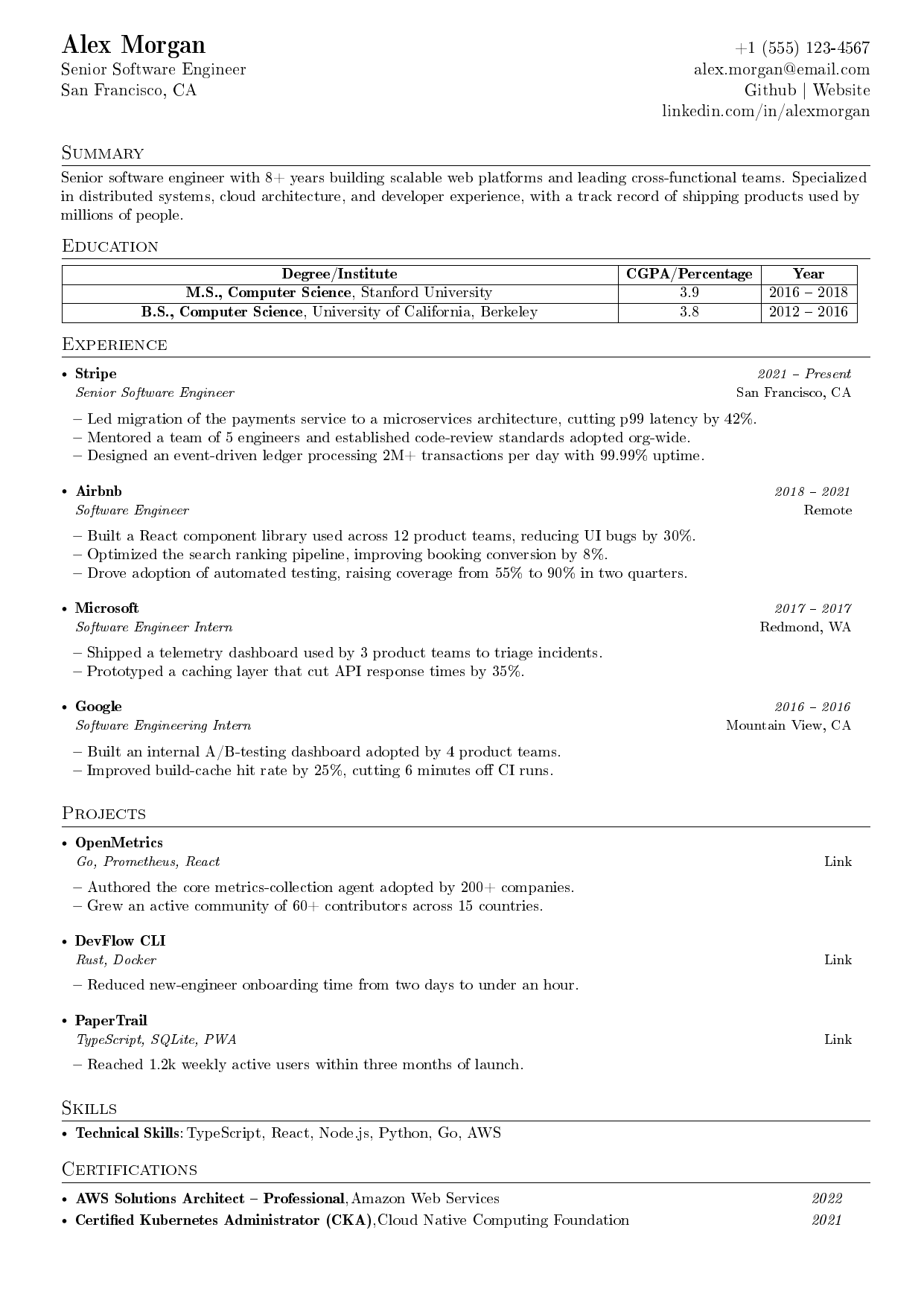 Software Development Intern resume template